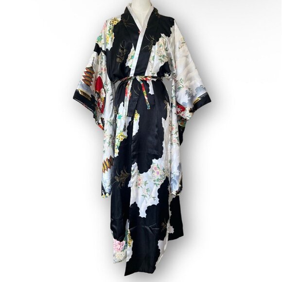 Shanghai Soho One Size Satin Kimono Robe Belted Geisha Floral Japan Asia Hollywo - Picture 2 of 8